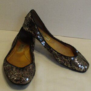 Jimmy Choo Shoes Woman Size 37.5 Black Gray Tan Sequin Slide On Flat Shoes